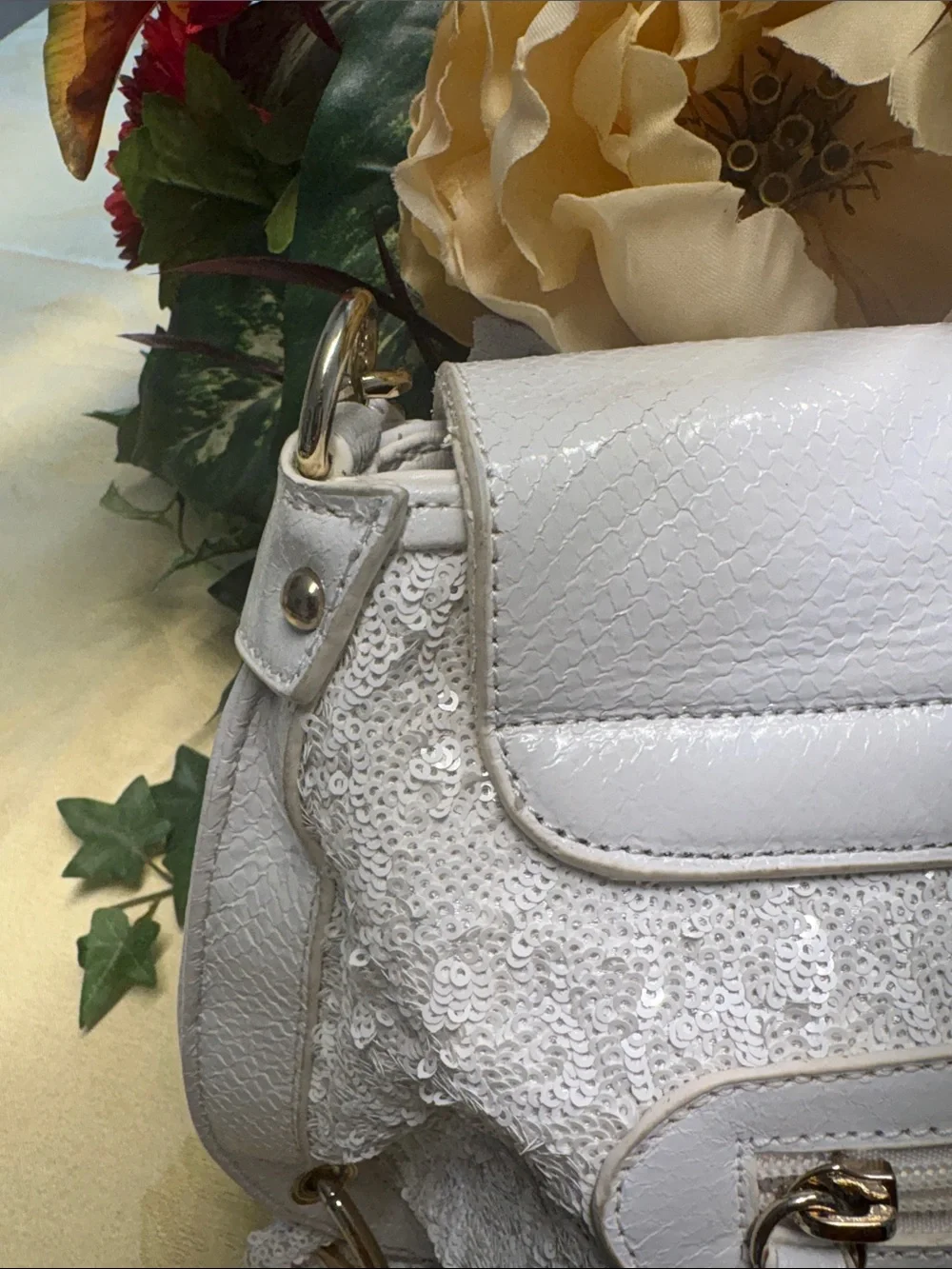 Sharif White Satchel with Pink, Gold and Red Floral Accents